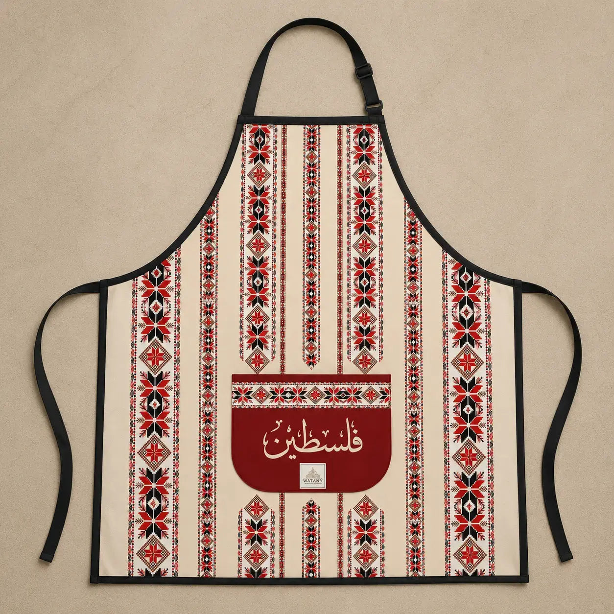 Palestinian Tatreez Cooking Apron – Traditional Embroidered Heritage Kitchen Apron with Pocket