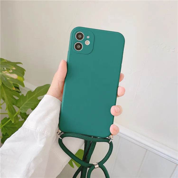 Solid Color Diagonal Lanyard Phone Case Silicone Couple Phone Case