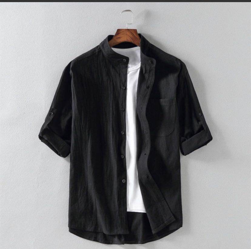 Men's Linen Stand Collar Loose Shirt – Korean Style Casual Cotton Shirt