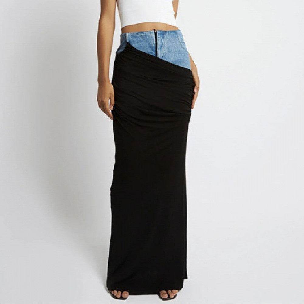 Fashion Black Panel Long Pencil Denim Skirt
