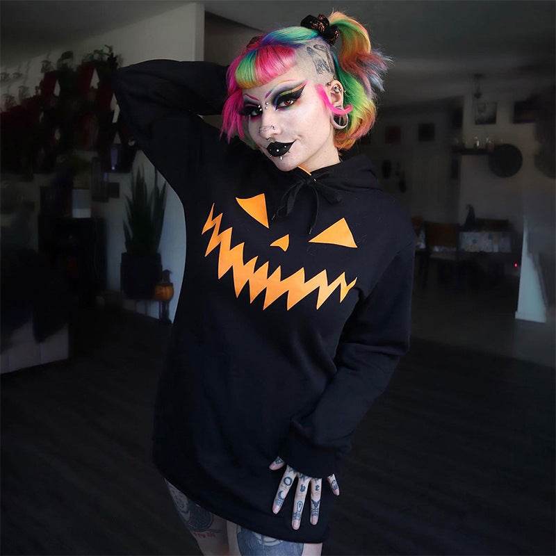 Halloween Costume Pumpkin Print Long Sleeve Hoodie Dress