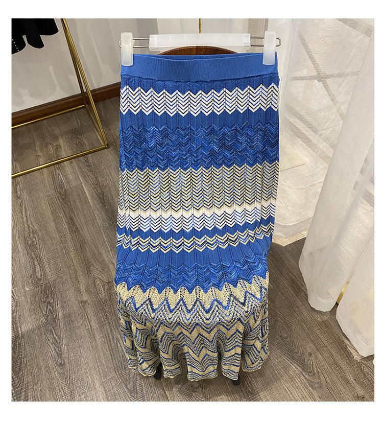V-neck Wave Stripe Knit Top & Midi Skirt Set | Blue Chevron