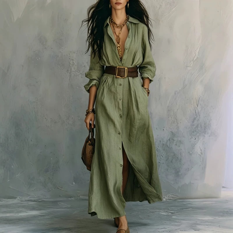 V-Neck Long Shirt Dress for Women – Cotton Linen A-Line Maxi Dress Canada USA