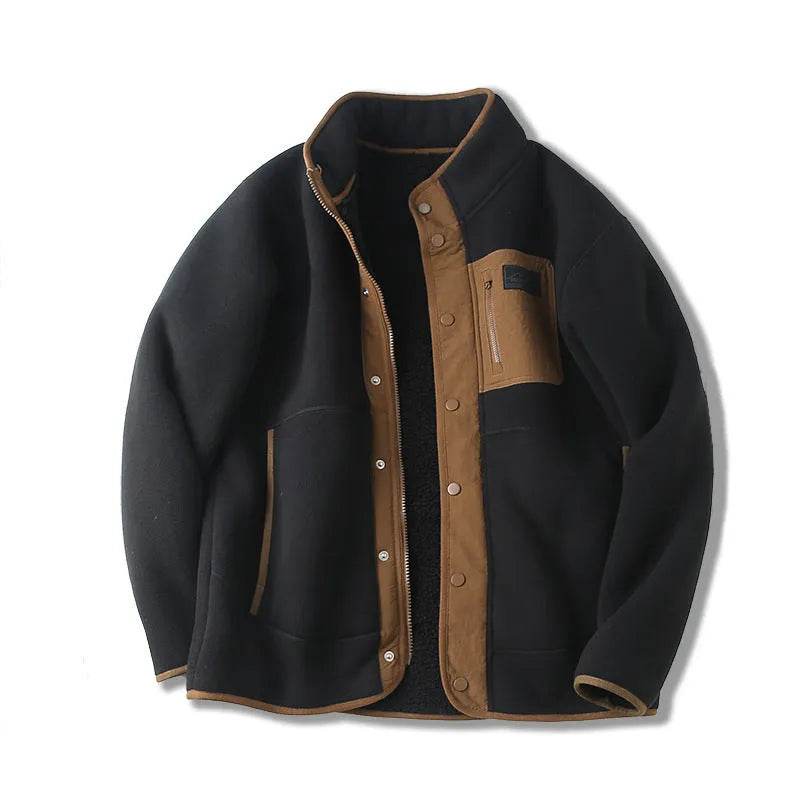 Fleece-lined Thickened Stand Collar Pocket Winter Jacket for men