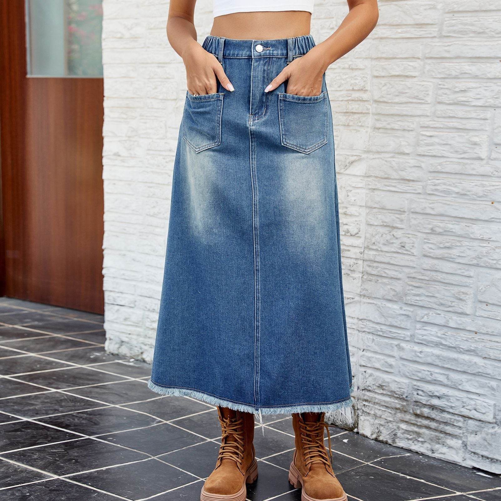 European And American Washed Frayed Hem Blue Denim Midi Skirt