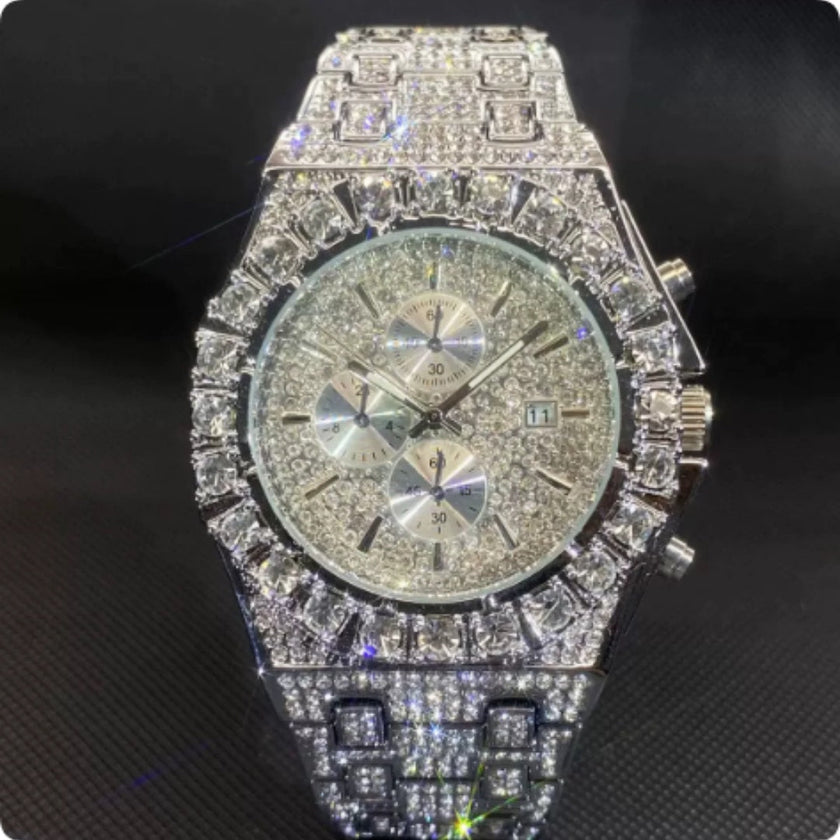 Men's Iced Out Diamond Rhinestone Watch – Luxury Hip Hop Quartz Wristwatch