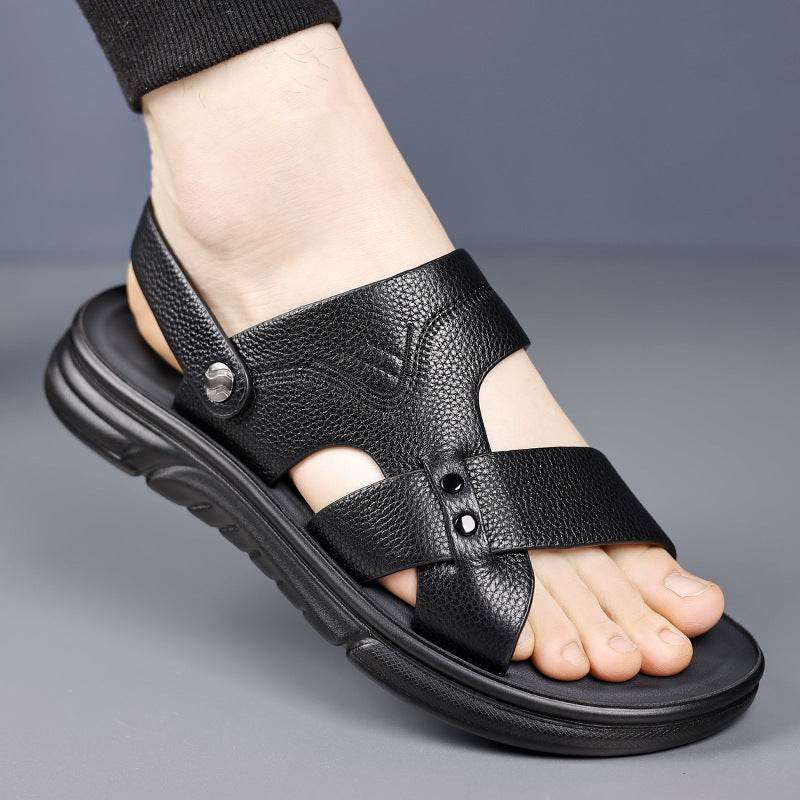 Men’s Premium Leather Cross-Strap Sandals – Breathable Open-Toe Casual Comfort Shoes