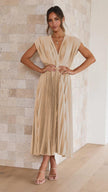 Women's V-Neck Pleated Midi Dress – Sleeveless Zip Casual Summer Dress