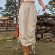 American-style Casual Denim Drawstring Midi Cargo Skirt