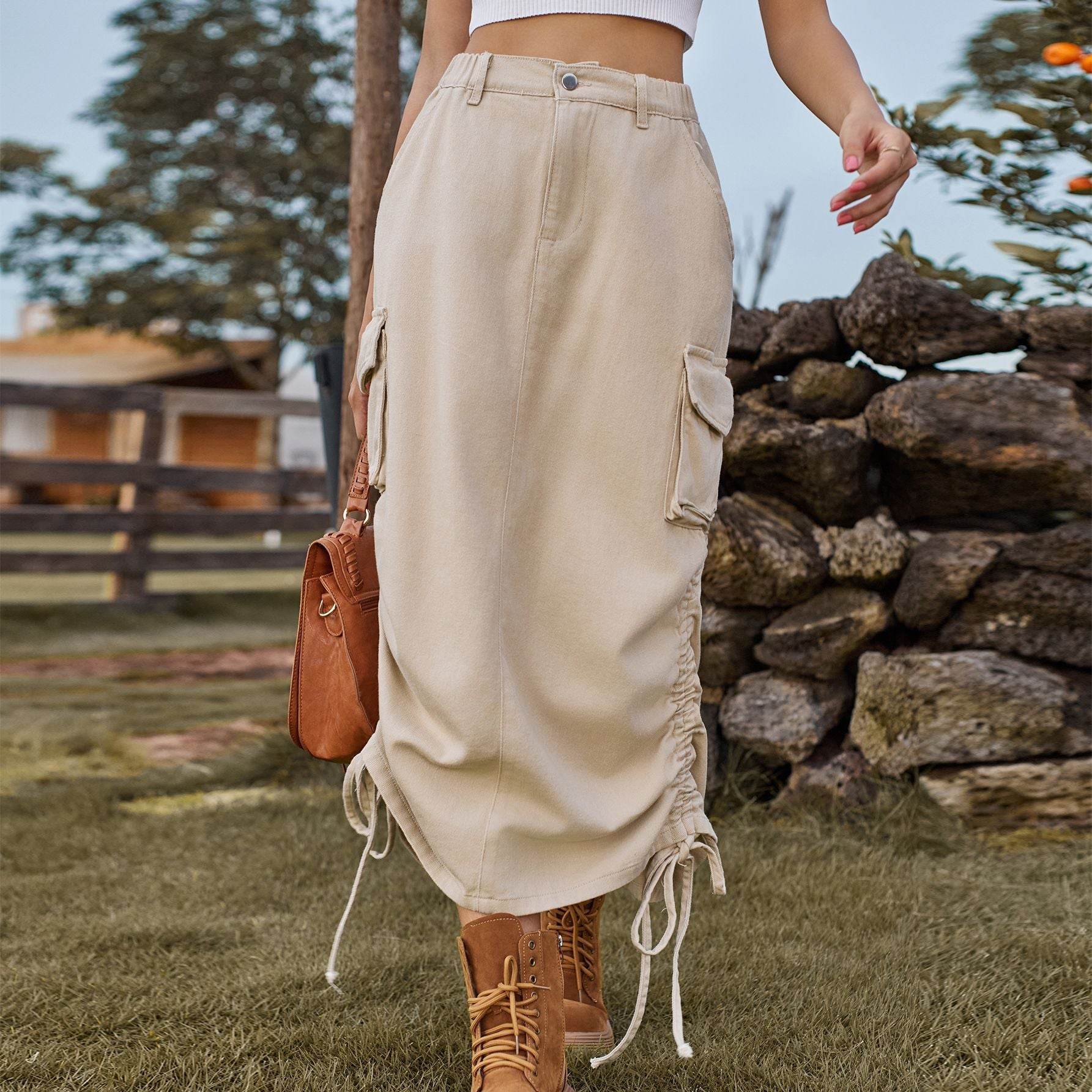 American-style Casual Denim Drawstring Midi Cargo Skirt