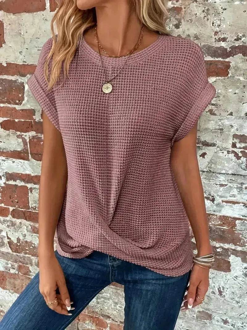 Casual Summer Short-sleeved Waffle blouse Top Summer New Solid Color Casual Evening Top For Women