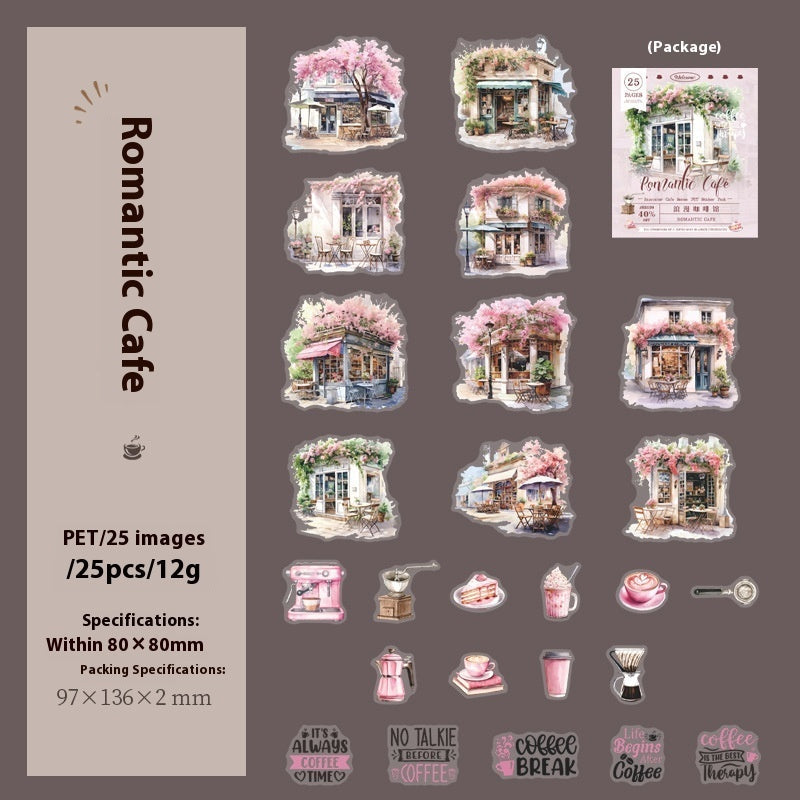 Cafe Series PET Decorative Sticker Pack – Retro Coffee Shop Journal & Scrapbook Stickers (25 pcs)