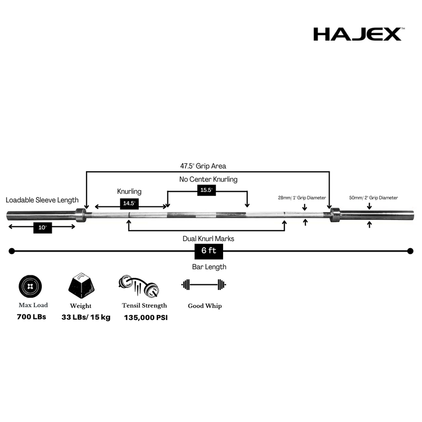 HAJEX Olympic and Standard Barbell Bars 4Ft, 5Ft, 6Ft and 7Ft
