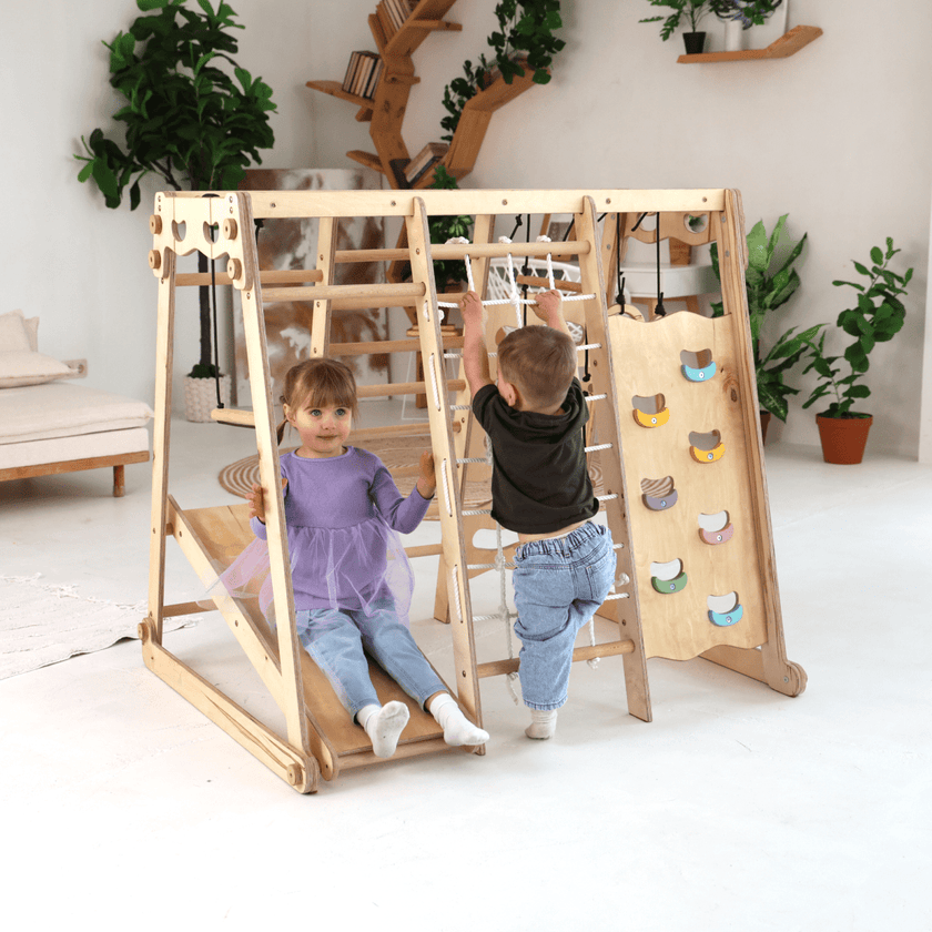 Parc d'aventure intérieur 6-en-1 pour tout-petits : aire de jeux + balançoire + toboggan + corde + escalier