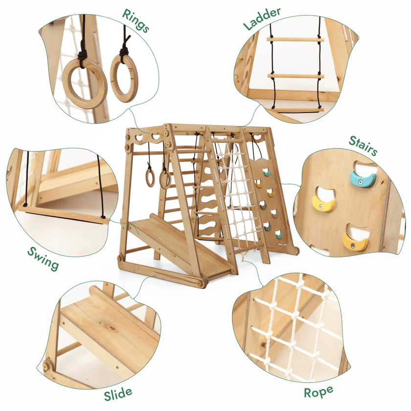 Parc d'aventure intérieur 6-en-1 pour tout-petits : aire de jeux + balançoire + toboggan + corde + escalier