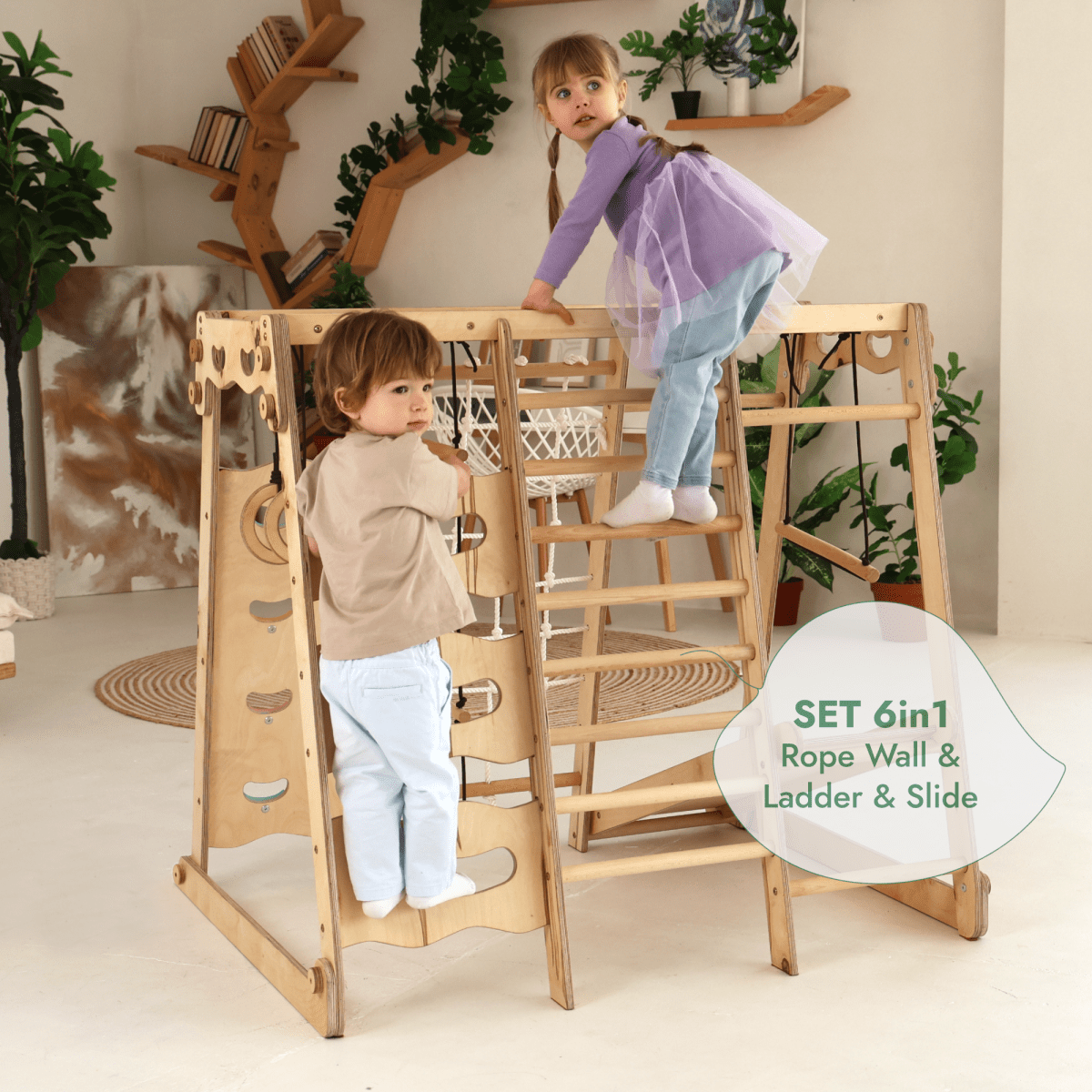 Parc d'aventure intérieur 6-en-1 pour tout-petits : aire de jeux + balançoire + toboggan + corde + escalier