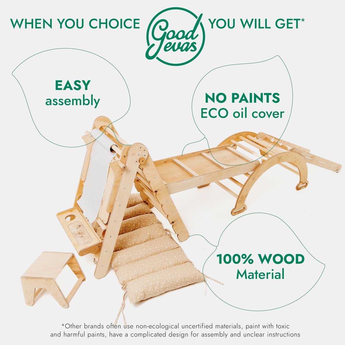 Ensemble d'escalade Montessori 6-en-1 : Échelle triangulaire + arche/balançoire + toboggan/rampe + filet + coussin + ajout artistique