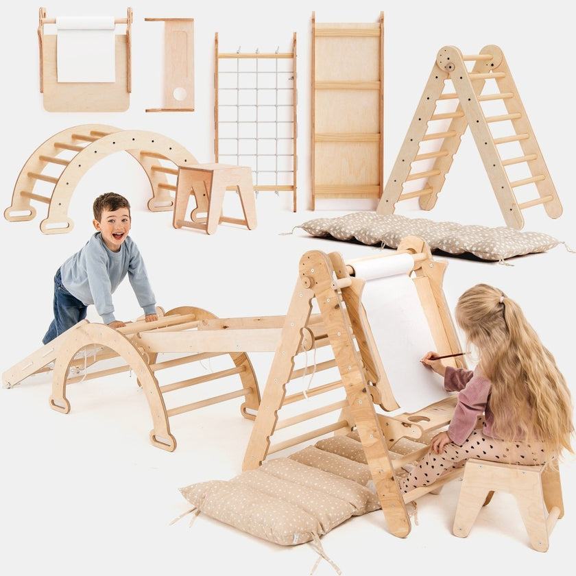 Ensemble d'escalade Montessori 6-en-1 : Échelle triangulaire + arche/balançoire + toboggan/rampe + filet + coussin + ajout artistique