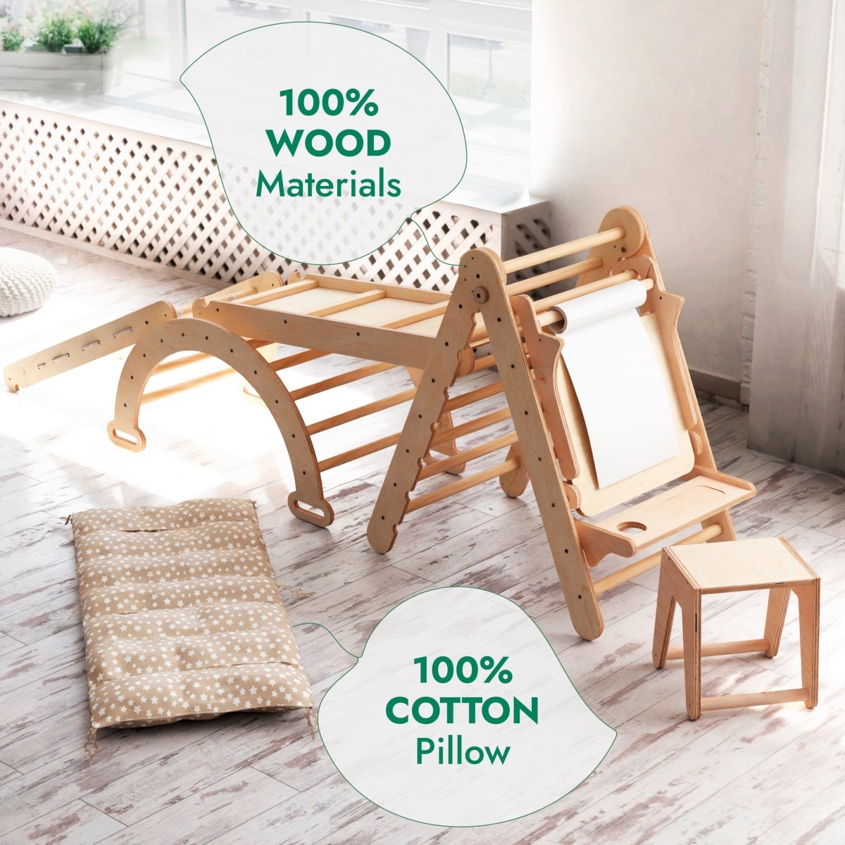 Ensemble d'escalade Montessori 6-en-1 : Échelle triangulaire + arche/balançoire + toboggan/rampe + filet + coussin + ajout artistique