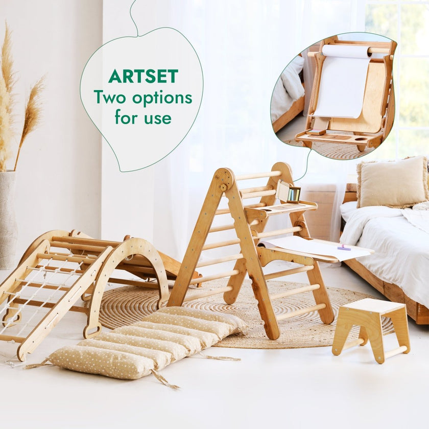 Ensemble d'escalade Montessori 6-en-1 : Échelle triangulaire + arche/balançoire + toboggan/rampe + filet + coussin + ajout artistique