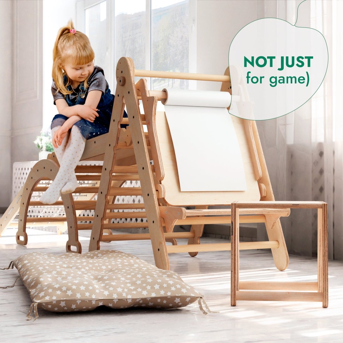 Ensemble d'escalade Montessori 6-en-1 : Échelle triangulaire + arche/balançoire + toboggan/rampe + filet + coussin + ajout artistique