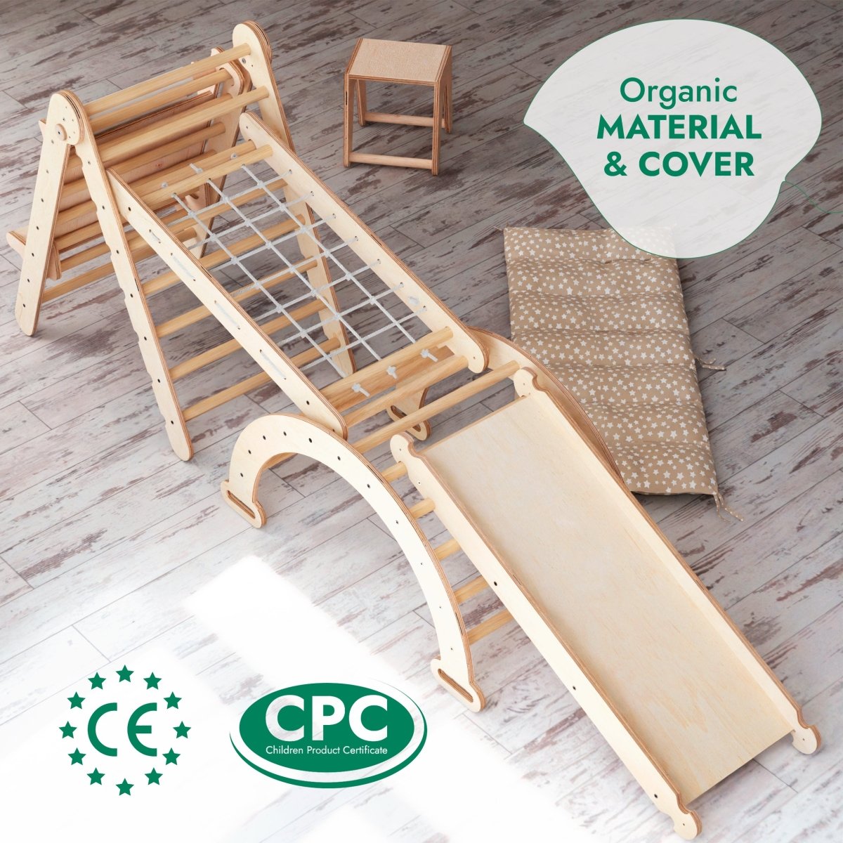 Ensemble d'escalade Montessori 6-en-1 : Échelle triangulaire + arche/balançoire + toboggan/rampe + filet + coussin + ajout artistique