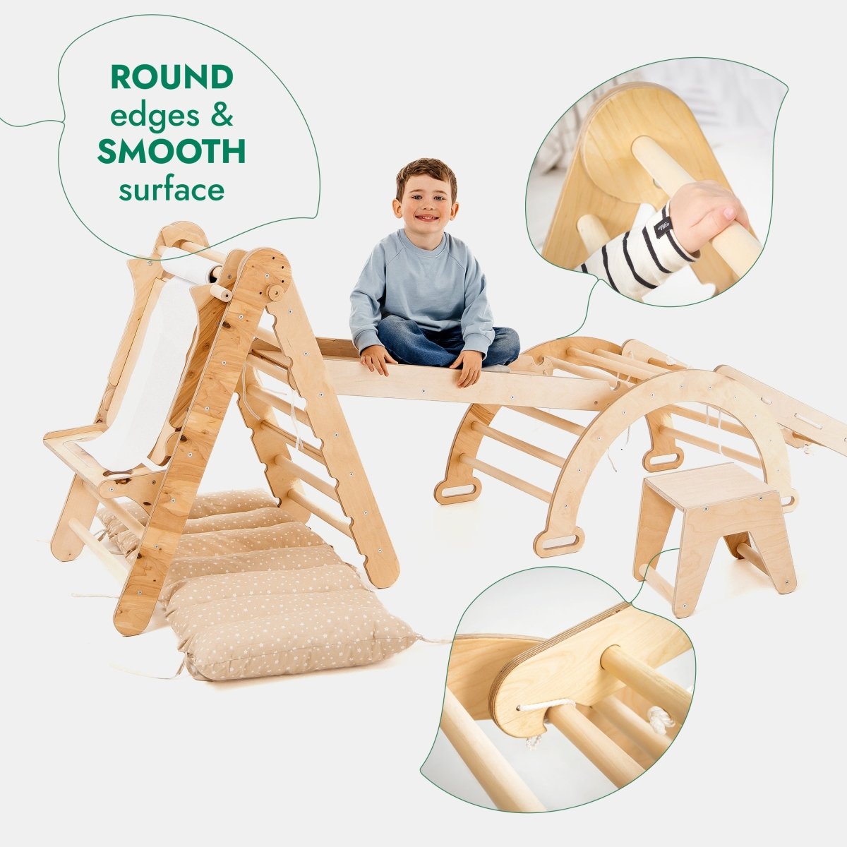 Ensemble d'escalade Montessori 6-en-1 : Échelle triangulaire + arche/balançoire + toboggan/rampe + filet + coussin + ajout artistique