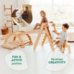 Ensemble d'escalade Montessori 6-en-1 : Échelle triangulaire + arche/balançoire + toboggan/rampe + filet + coussin + ajout artistique