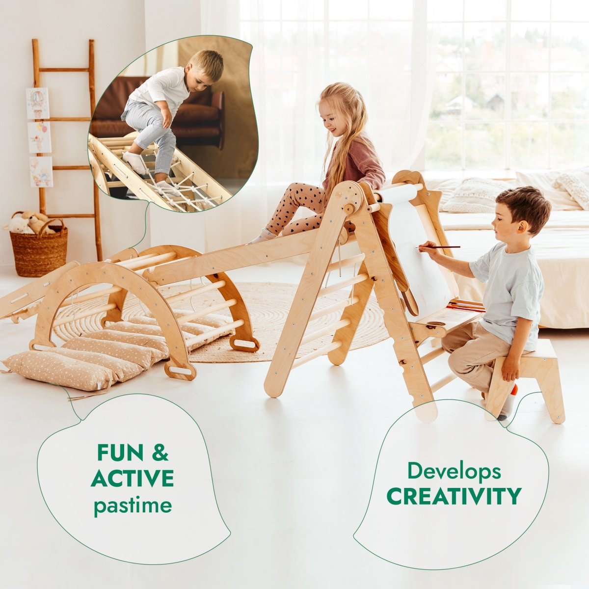 Ensemble d'escalade Montessori 6-en-1 : Échelle triangulaire + arche/balançoire + toboggan/rampe + filet + coussin + ajout artistique