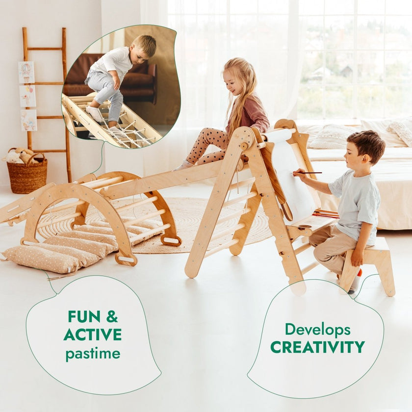 Ensemble d'escalade Montessori 6-en-1 : Échelle triangulaire + arche/balançoire + toboggan/rampe + filet + coussin + ajout artistique