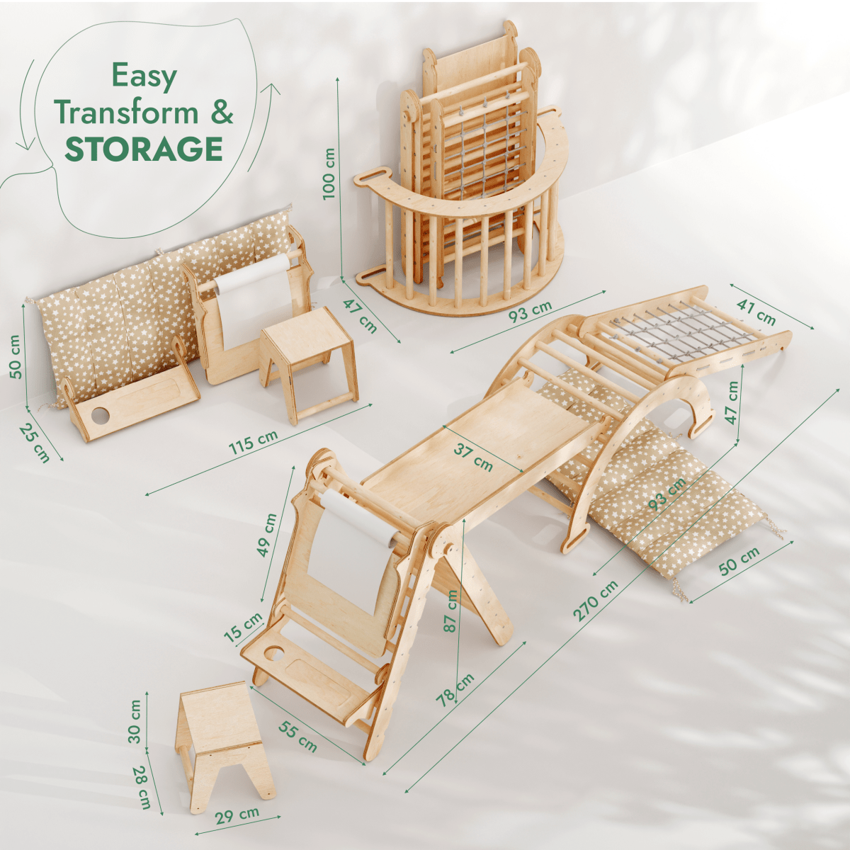 Ensemble d'escalade Montessori 6-en-1 : Échelle triangulaire + arche/balançoire + toboggan/rampe + filet + coussin + ajout artistique