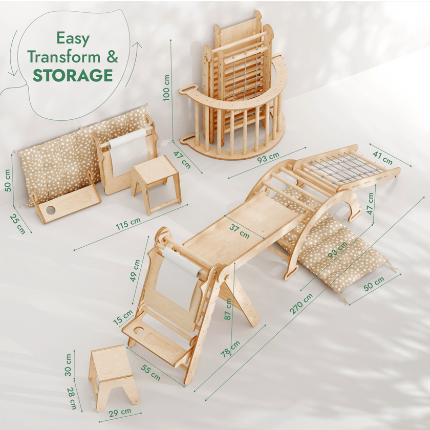 Ensemble d'escalade Montessori 6-en-1 : Échelle triangulaire + arche/balançoire + toboggan/rampe + filet + coussin + ajout artistique