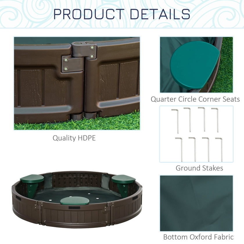 Outsunny Round Sandbox for Kids Outdoor Play with Waterproof Canopy Bottom Liner Childrens Garden Playset Brown
