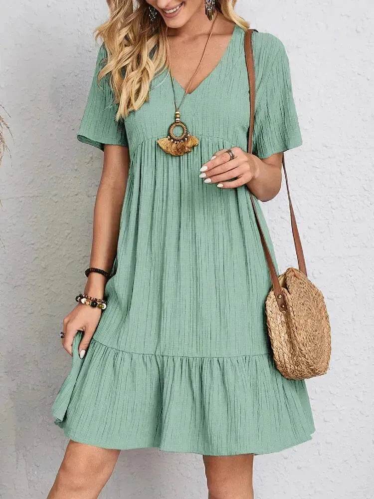 Summer Beach  V-neck Dresses Women's Loose Casual Short-sleeved Loose Skater Dress for Chic Ladies