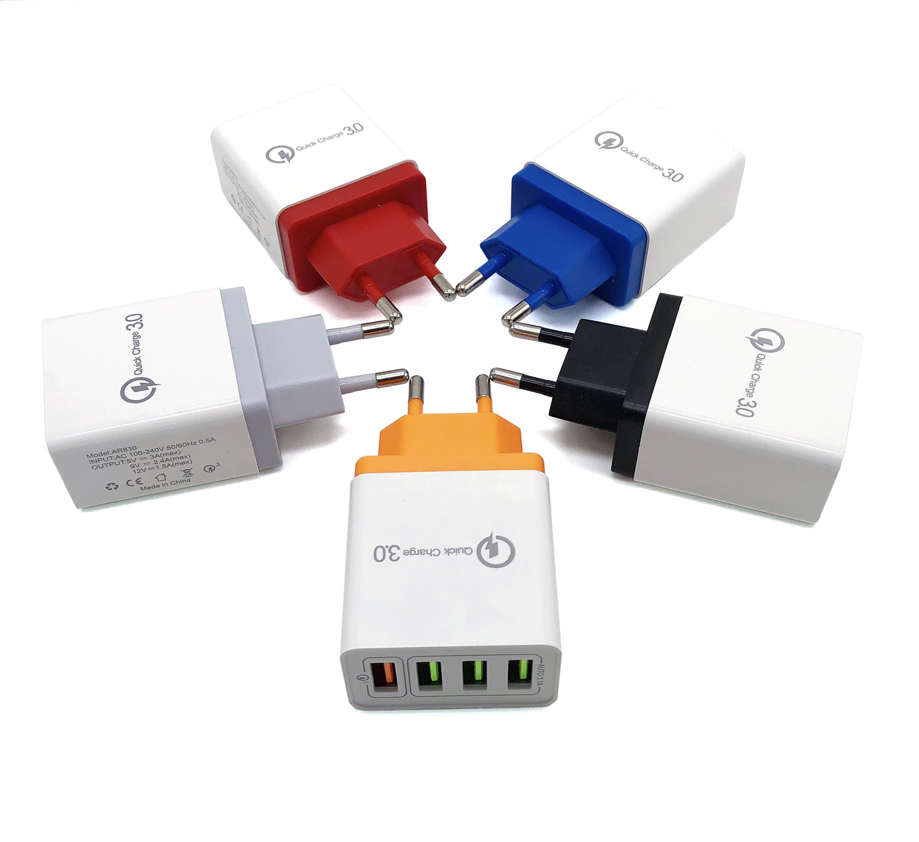 4-Port USB Wall Charger with Quick Charge 3.0 – EU, UK & US Plug | Multi-Colour