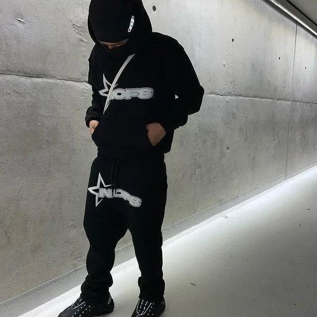 2 pcs Gothic Punk Rock Streetwear Hoodie Outfit set Unisex