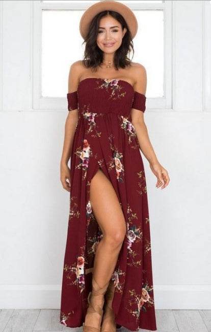 Elegant Ladies Summer Boho Vacation Resort Slit Maxi dress off shoulder Long floral Beach summer slit dress
