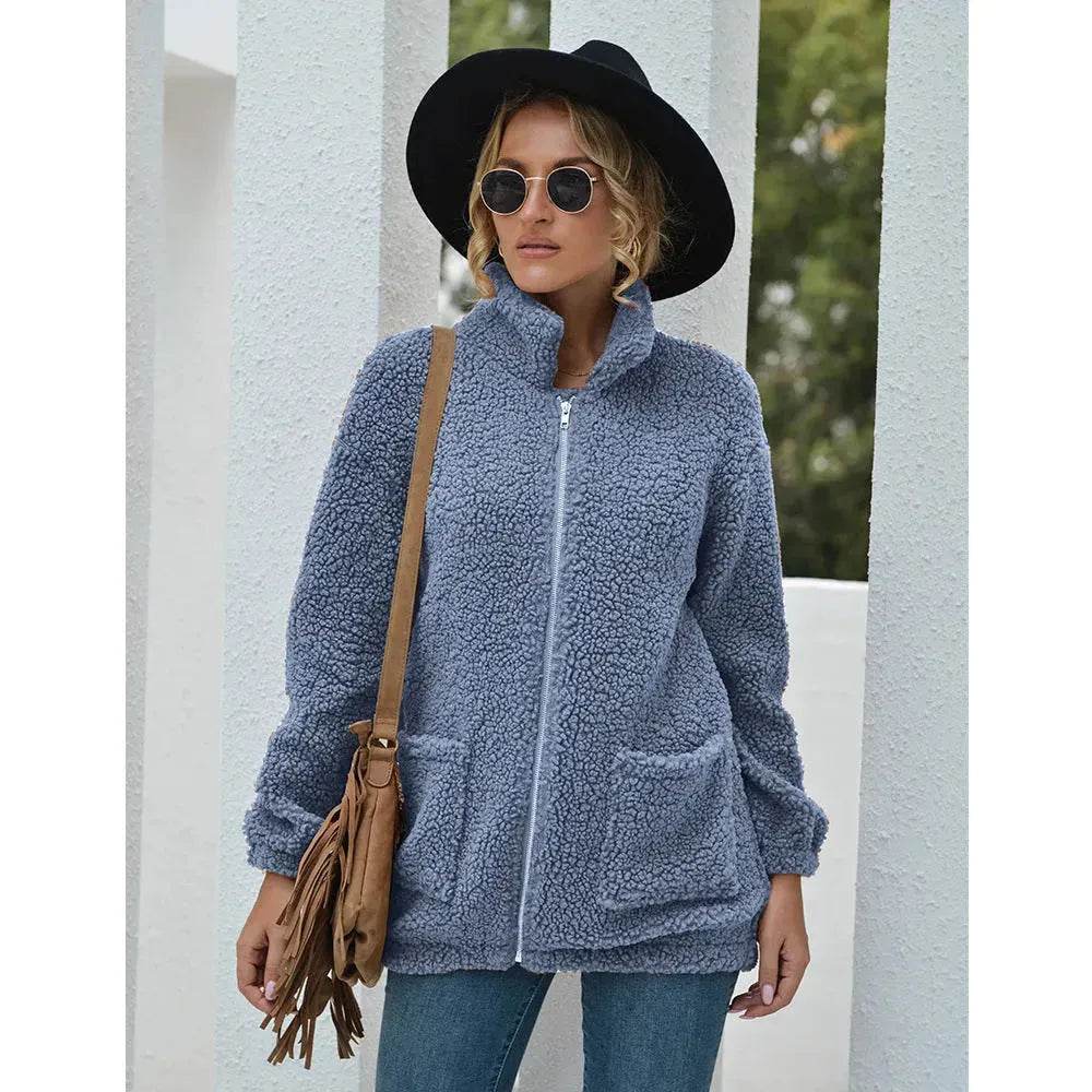 New Autumn Winter Zip up Plush Cardigan Sweater for Women