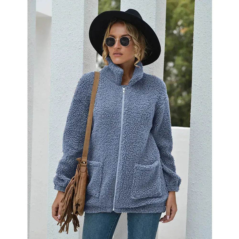 New Autumn Winter Zip up Plush Cardigan Sweater for Women
