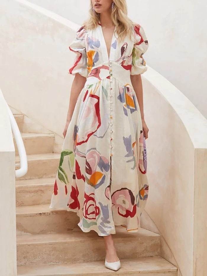 Summer Print Dresses V-neck Button Short Sleeve Midi Dress