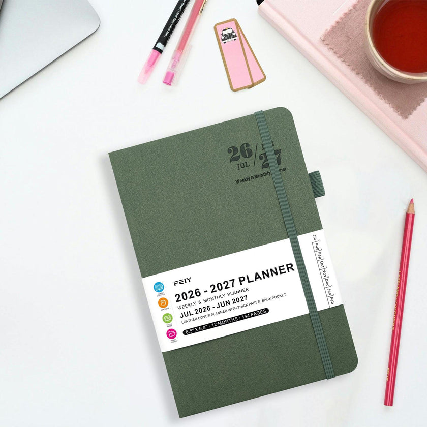 2026–2027 Weekly Monthly Planner Notebook – A5 Faux Leather Cover, 100gsm, Sewn Binding (7 Colours)