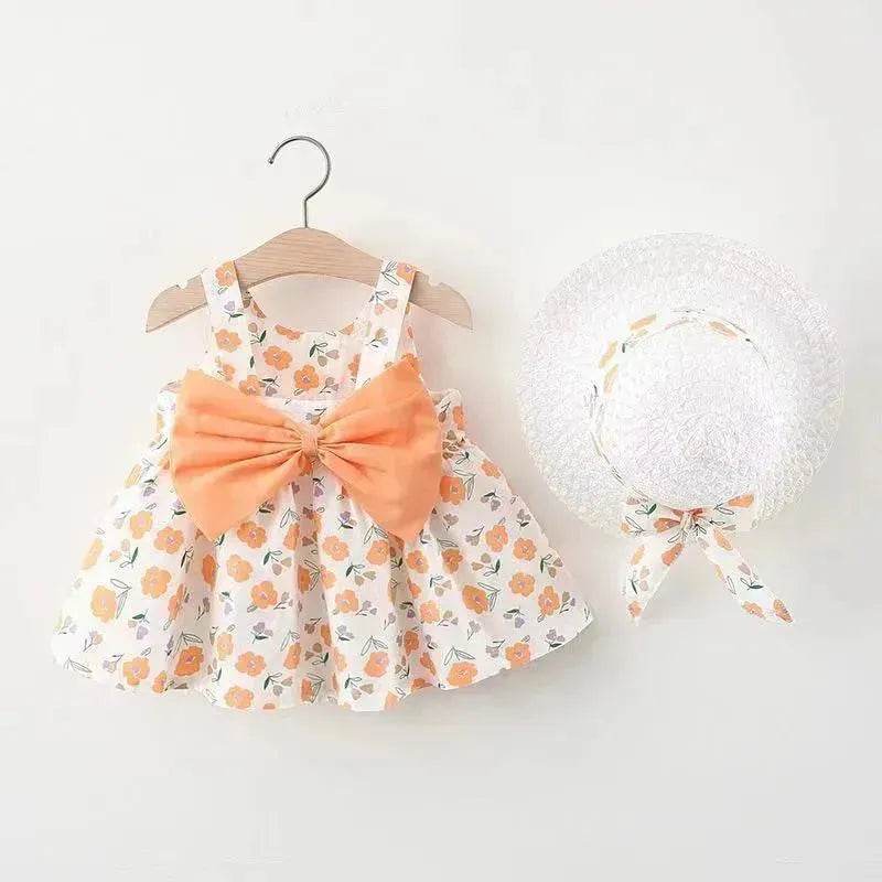 Baby Girl Floral Princess Dress with Matching Hat – Cotton Suspender Sundress for Toddlers