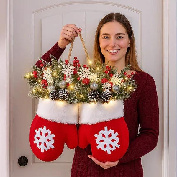 Christmas Garland Creative Glove Shaped Simulated Flower Wreath Window Door Gate Decoration Door Sign Xmas Party Decoration