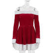 Women's Christmas Costume Santa Dress Plush Trim Boat-Neck Off-Shoulder Sleeve Dress New Year Party Cosplay Costume
