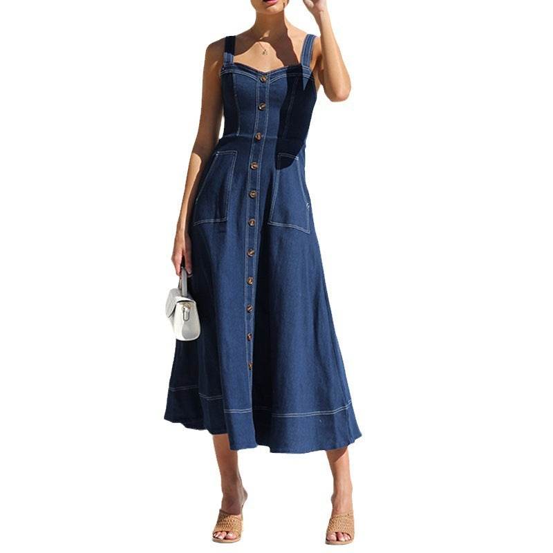 Women Sleeveless Sling Distressed Casual Style Button Denim Long Dress
