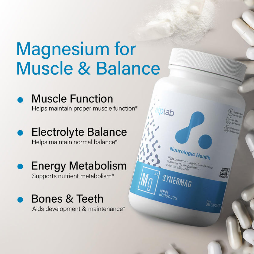 ATP LAB - Synermag 90 Capsules 90-Day Supply - High potency Magnesium Bisglycinate, Malate, Taurine & Vitamin B6 - Bone Health Supplement - Muscle Health & Teeth Health 🍁 All In One Marketplace Canada