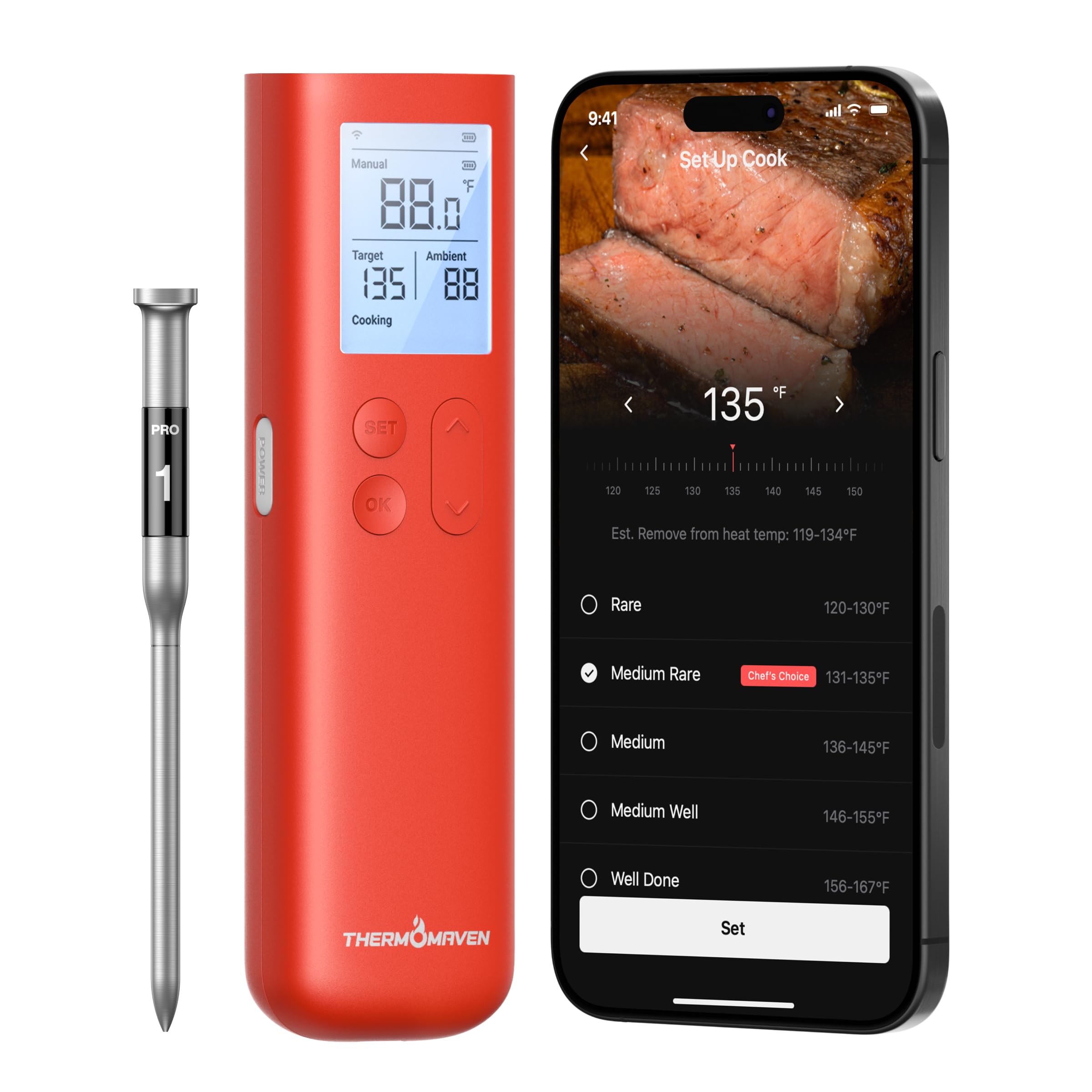 ThermoMaven Wireless Meat Thermometer, 10X Enhanced Signal and Stability with Sub-1G, Standalone Base with Display & Control, Certified Accuracy ±0.5°F, WiFi Unlimited Range for BBQ, Oven,Smoker,Grill 🍁 All In One Marketplace Canada