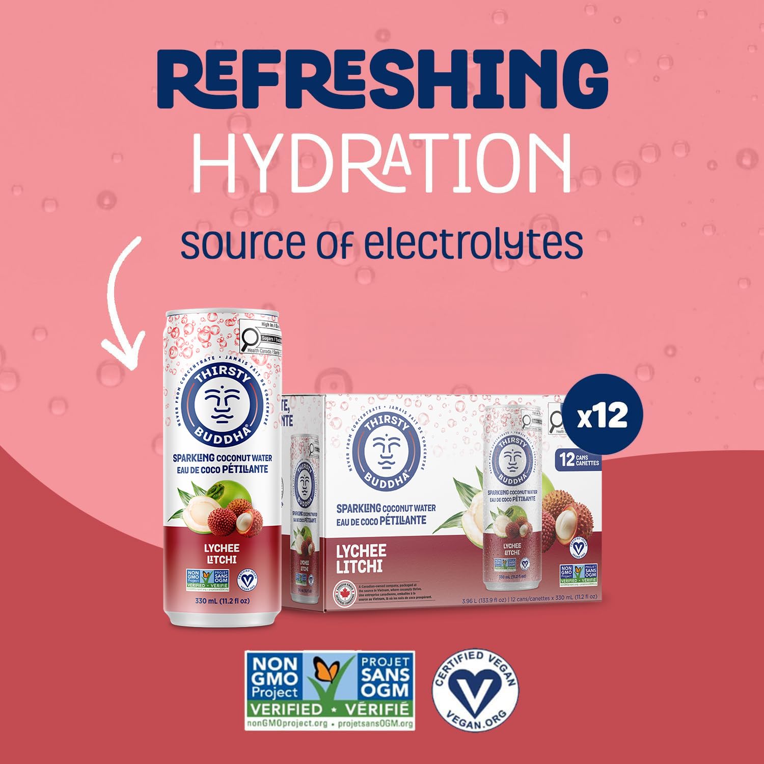 THIRSTY BUDDHA Sparkling Coconut Water with Lychee, No Added Sugar, Pure Coco Drink, Natural Fruit Flavour, Electrolyte & Nutrient-Rich, 12 Pack, (12/330ml) 🍁 All In One Marketplace Canada