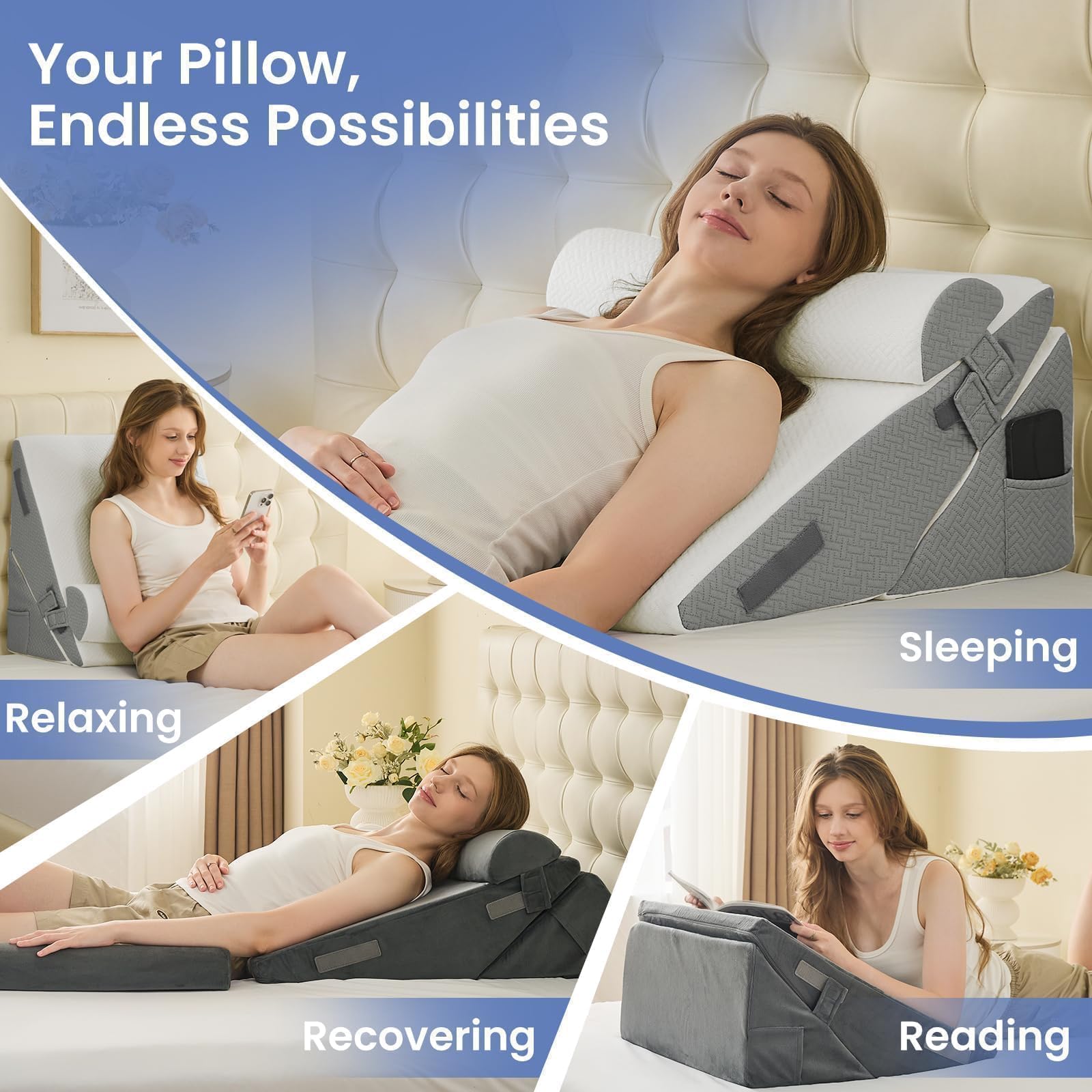 Sasttie Wedge Pillows for Adult, 2PCS Adjustable Bed Wedge Pillow for Post Surgery, Triangle Pillow Headboard with Bolster Cushion for Sleeping, Acid Reflux, Neck & Back Support, White and Dark Grey 🍁 All In One Marketplace Canada