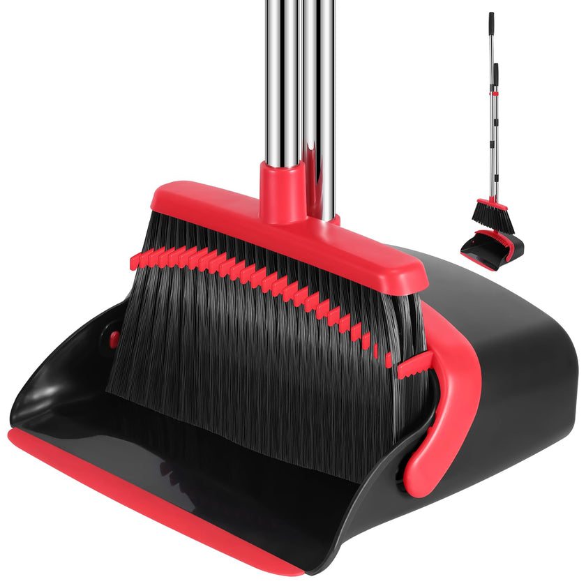 Broom and Dustpan Set, 52-in Long Adjustable Handle Broom Dustpan Combo with Dustpan Teeth to Automatically Clean Hair Suitable for Home Kitchen Office Hall Floor（Black&Red） 🍁 All In One Marketplace Canada